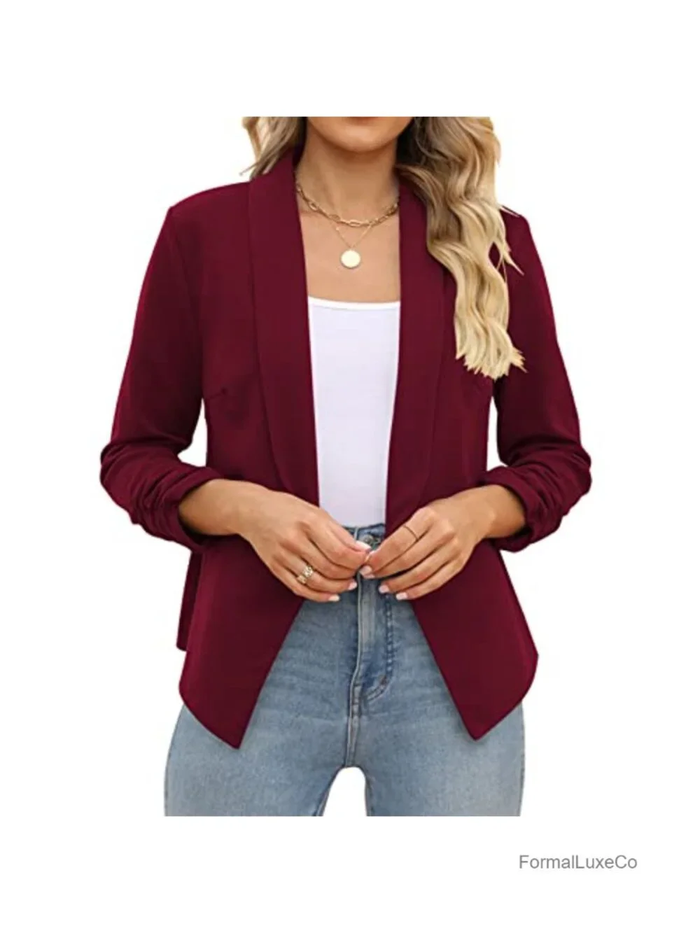 Women's Open Front Blazer 3/4 Ruched Sleeve Business Casual Work Office Jacket